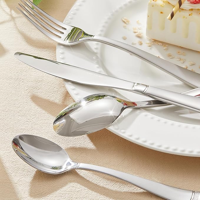 65-Piece Flatware Set, 18/10 Stainless Steel Utensil for 12 | Bead Edge Design, Matte Silver Finish, Dishwasher Safe, Elegant Table Setting, Daily Dining & Special Occasions