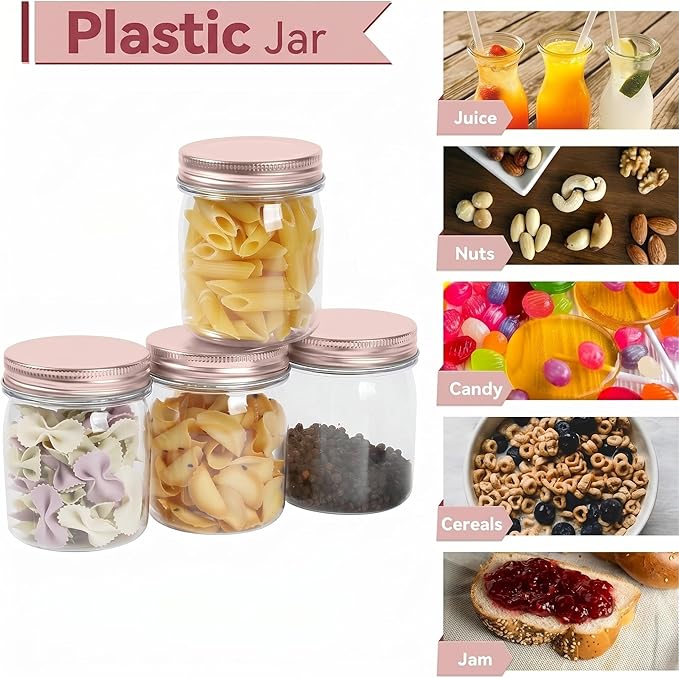 novelinks 8 oz Plastic Mason Jars and Clear Plastic Jars with Lids 8 oz | 24 Pack, Rose Gold, Plastic Containers with Lids, Small Mason Jars, Clear Jars Bulk, Spice Jars, Slime Jars, Mini Jars