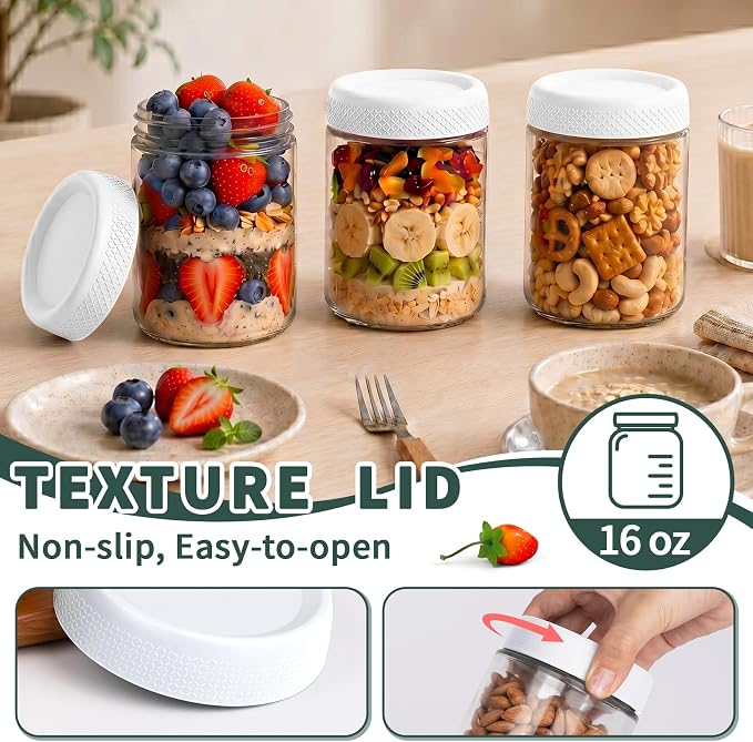 Yogurt Containers with Lid, Overnight Oats Container, Parfait Cups with Lid | Wide Mouth Mason Jars 16oz, Glass Jar with Airtight Lid for Yogurt, Chia, Sugar, Snack, Oats, Food Storage, Parfait, Candy