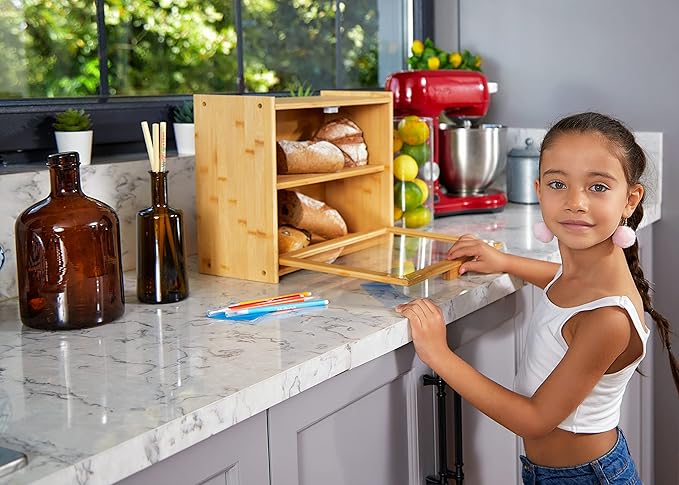 Premium Bamboo Double Layer Bread Box With Clear Window | Bread Storage And Organizer for Kitchen Countertop, Bread Container, Assembly Required