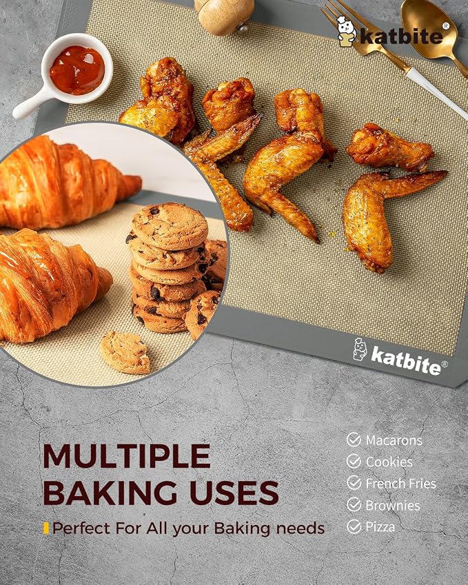 Katbite Silicone Baking Mat Set of 3 Grey | 2 Half Sheets Mats + 1 Quarter Baking Sheet, Reusable & Nonstick Bakeware Mats for Cookies, Macarons, Bread