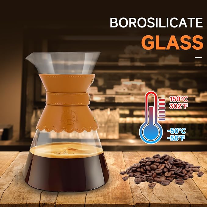 YMMIND 34oz Pour Over Coffee Maker with Double Layer Stainless Steel Filter, Borosilicate Glass Dripper, Detachable Heat-Resistant Leather Pad 7-8 Cups Coffee Maker Carafe（Light brown）