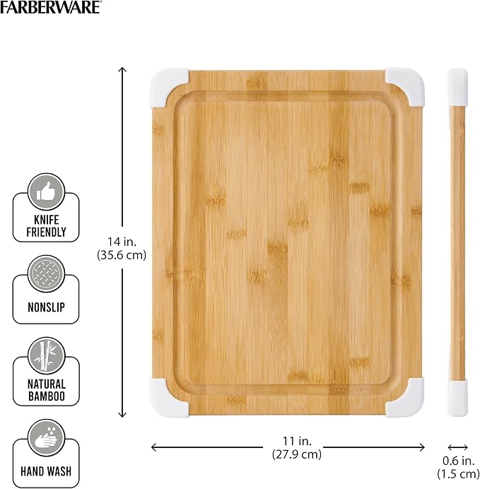 Farberware Nonslip Bamboo Cutting Board with Juice Groove, 11x14 Inch, White
