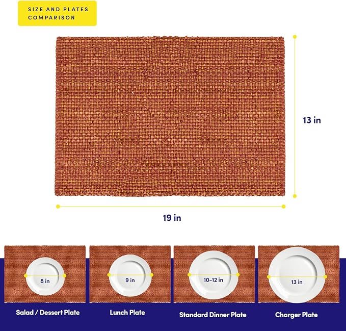 Sweet Home Collection 100% Cotton Placemats for Dining Room Rectangle Two Tone Woven Fabric 13" x 19" Soft Durable Table Mat Set, Set of 6, Rust