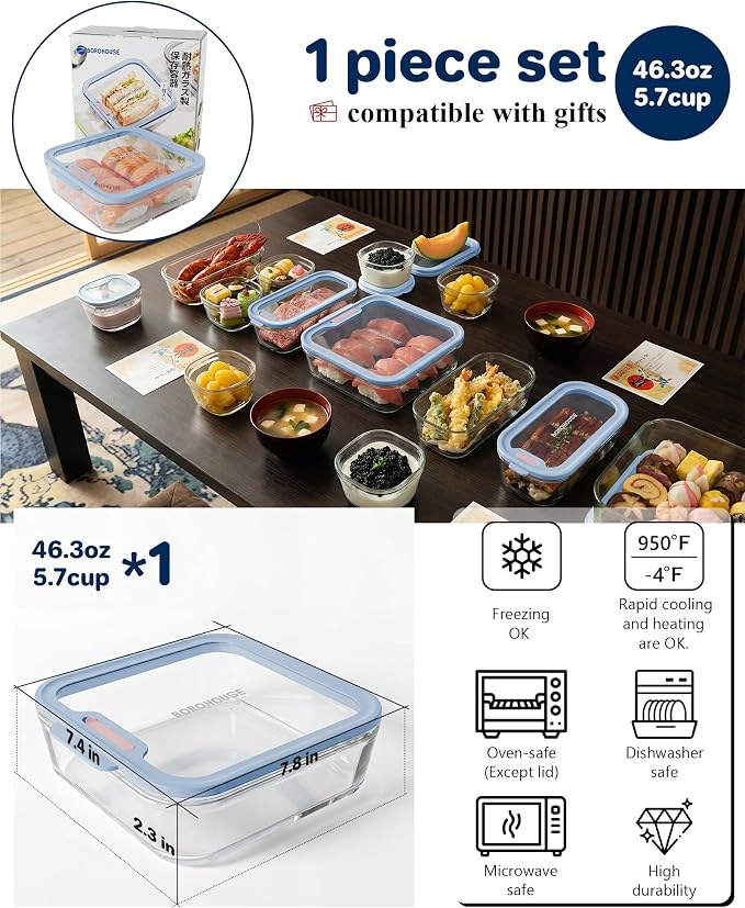1-Pack Glass Food Storage Containers with Tempered Lids, 5.7Cup Borosilicate Glass Meal Prep Containers, Airtight & Oven-Safe (-4°F~950°F), BPA-Free, （Light blue）