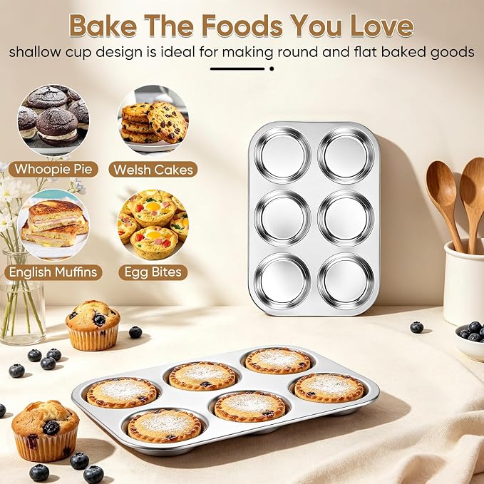 TeamFar Muffin Top Pan, 6 Cavity Stainless Steel Shallow Cupcake Pan | Muffin Tin for Baking Yorkshire Pudding, Whoopie Pie, Egg Bite, Hamburger Bun, Non Toxic & Dishwasher Safe