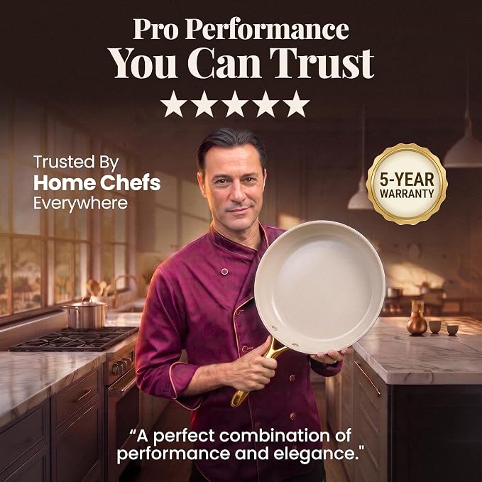 GOTHAM STEEL Hammered 3 Pc Nonstick Frying Pans Set, Cream | 8, 10, 12" Fry Pans, Heavy Duty 3.0MM Gauge, Non Toxic PFOA/PFOS/PTFE Free, Induction Compatible, Oven and Dishwasher Safe