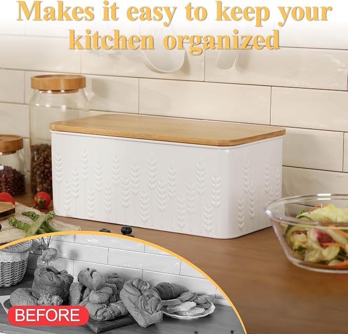 Large White Ear of Wheat Embossed Bread Box with Bamboo Lid | Corner Breadbox for Homemade Bread, Metal Bread Storage Container Bin for Kitchen Countertop