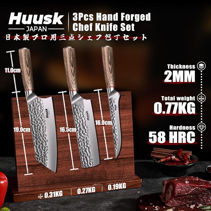 Huusk Kitchen Knife Set of 3 - Japanese Nakiri Vegetable Knife | Meat Cleaver Boning Knife for Meat Cutting, Hand Forged Butcher Chef Knives Set for Kitchen Cooking, Gift for Chef Men Women