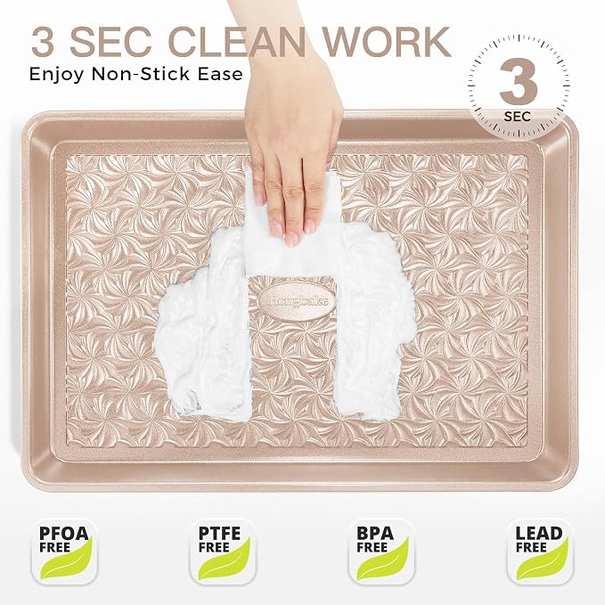 Nonstick Baking Sheet Pan Set of 3, Cookie Sheets for Oven, Non-Toxic Half/Quarter/Jelly Roll Pans with Floral Swirl Texture, Heavy Duty 0.8mm Thick Oven Trays for Cooking, Champagne Gold