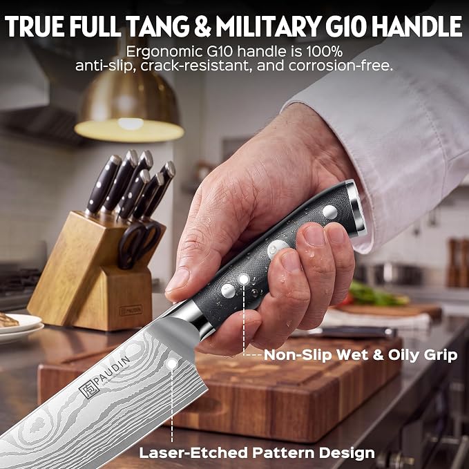 PAUDIN Knife Block Set with Built-in Sharpener, 10 PCS Dishwasher Safe German 1.4116 Steel Kitchen Knives Set, Razor Sharp Full Tang Chef Knife Set,Ergonomic G10 Handle,Gift for Women,Men,Housewarming