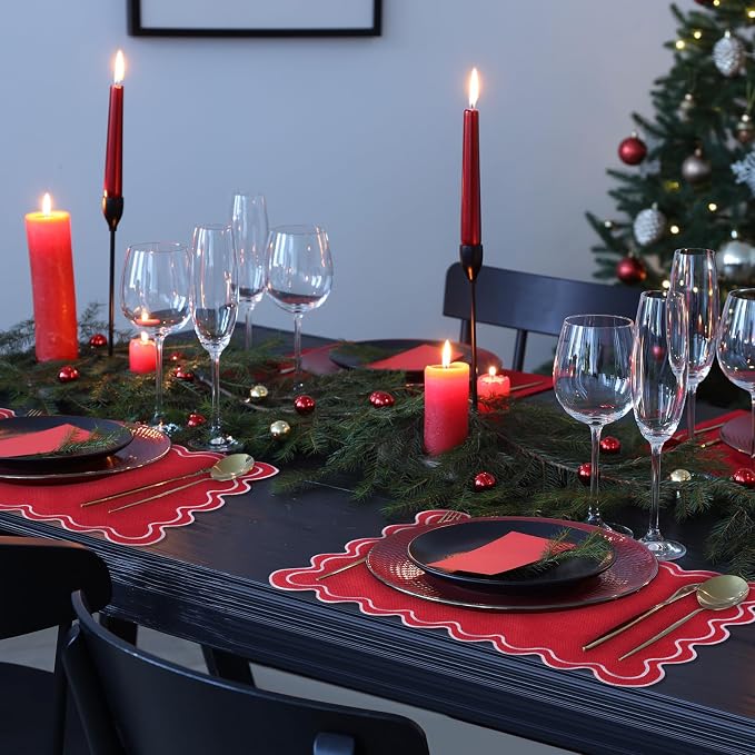 HunnmingRe Red with White Set of 6 Cotton Linen Wedding Placemats, 13x19 Inch Scalloped Wavy Embroidery Placemat Double Layered Washable Rustic Rectangle Dinner Table Mat for Home Decor