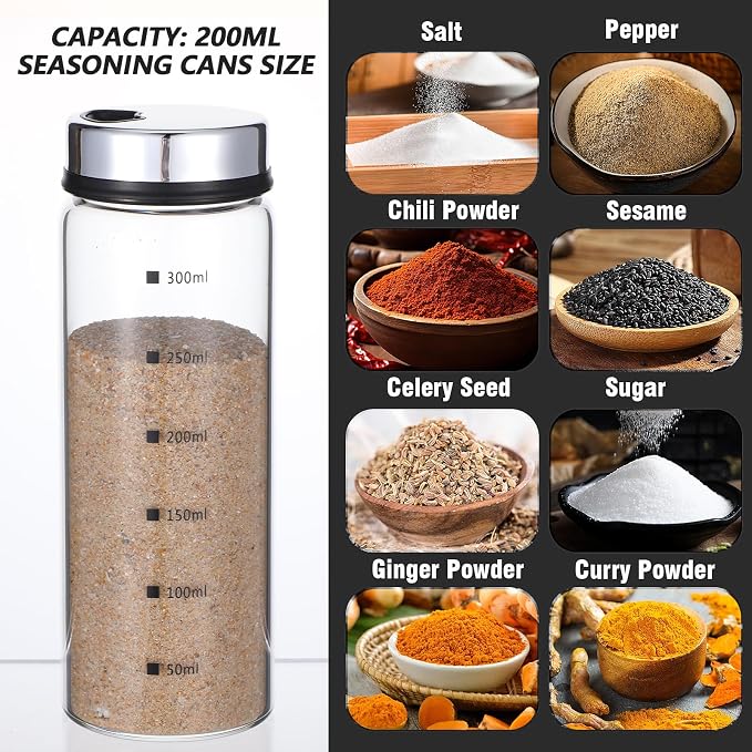 4Pcs Salt Pepper Shakers with Adjustable Outlet Holes, 10 oz Clear Glass Shaker Bottles, Salt Shakers for Kitchen, Spice Seasoning Cans for Kitchen Decor Home Restaurant BBQ Camping