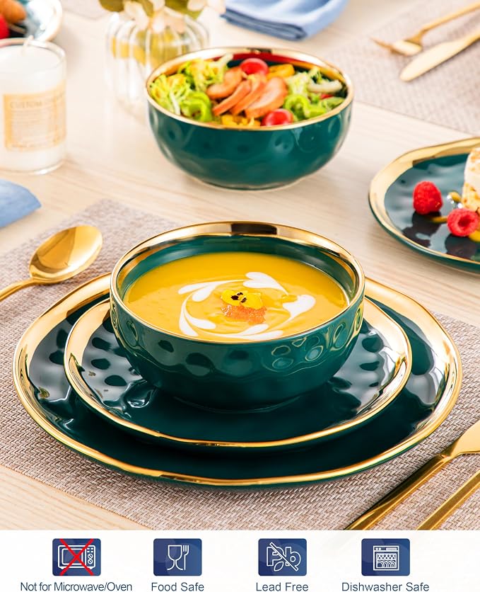 LOVECASA 12 Pieces Plates and Bowls Sets, Porcelain Green and Gold Dinnerware Sets, Round Dinner Plates Dishes Set Service for 4, Dishwasher Safe and Scratch Resistant, Green