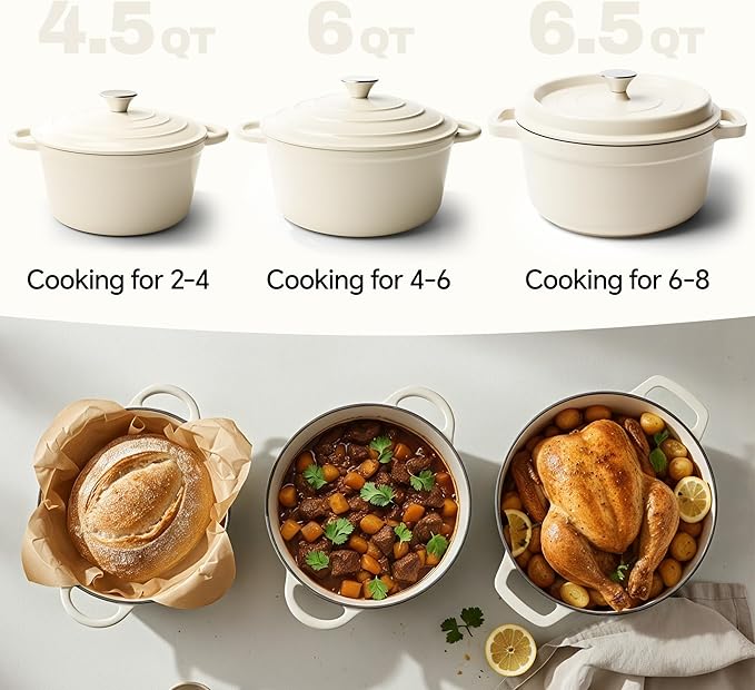 6.5 Quart Dutch Oven Pot with Lid, Non Stick Enameled Cast Iron Dutch Oven for Bread Baking, Heavy-Duty, Oven Safe Ceramic Cookware Up to 500°F for Baking, Braising, Stews, Roasting, Beige