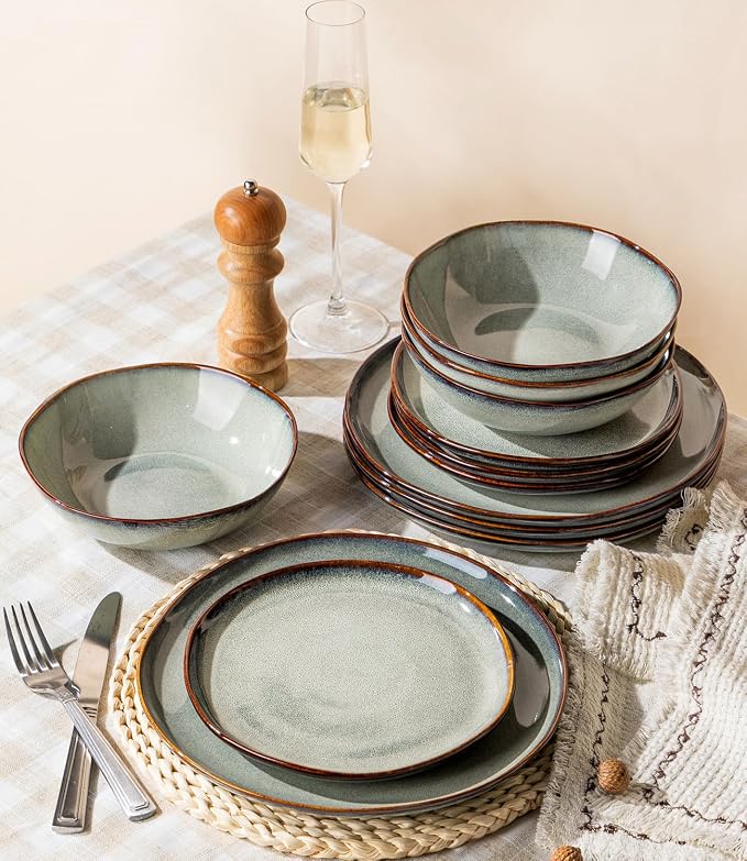 GBHOME Stoneware Dinnerware Sets for 8,24 Piece Rustic Plates and Bowls Set | Earthenware Handmade Reactive Glaze Plate Sets, Chip Resistant Ceramic Dishes, Microwave & Dishwasher Safe, Earthy Sage