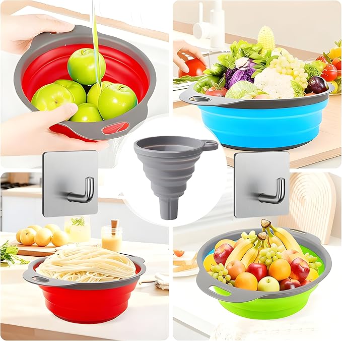 UVB Collapsible Colander Set, Space-Saving Foldable Kitchen Strainer for Pasta, Vegetables & Fruit, Colander for Kitchen with 2 Stainless Steel Hooks & 1 Silicone Funnel – Red