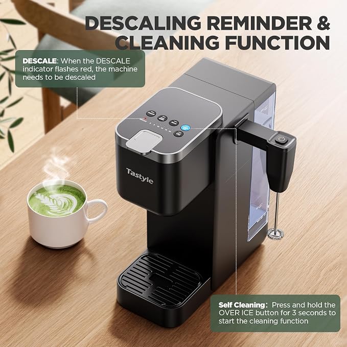 Tastyle Single Serve Coffee Maker with Built-in Detachable Milk Frother | For K Cups & Grounds, 40oz Removable Water Tank, 6 Brew Sizes, 2 Drip Trays, BPA Free, Fits 7.3" Travel Mug, K330MF, Black