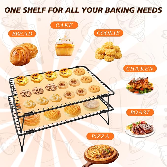 2-Tier Baking Cooling Rack with Legs, 13"x 9" w/50 Parchment Paper | Stackable Cooling Racks for Baking, Collapsible Wire Rack for Cooling Cookies, Cakes, Bread, Pizza, Dishwasher Safe