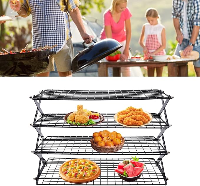 4-Tier Collapsible Cooling Rack, Adjustable Stackable Roasting Cooking Drying Wire, Barbecue Storage Display Shelf for Cookies Baking Picnic Party