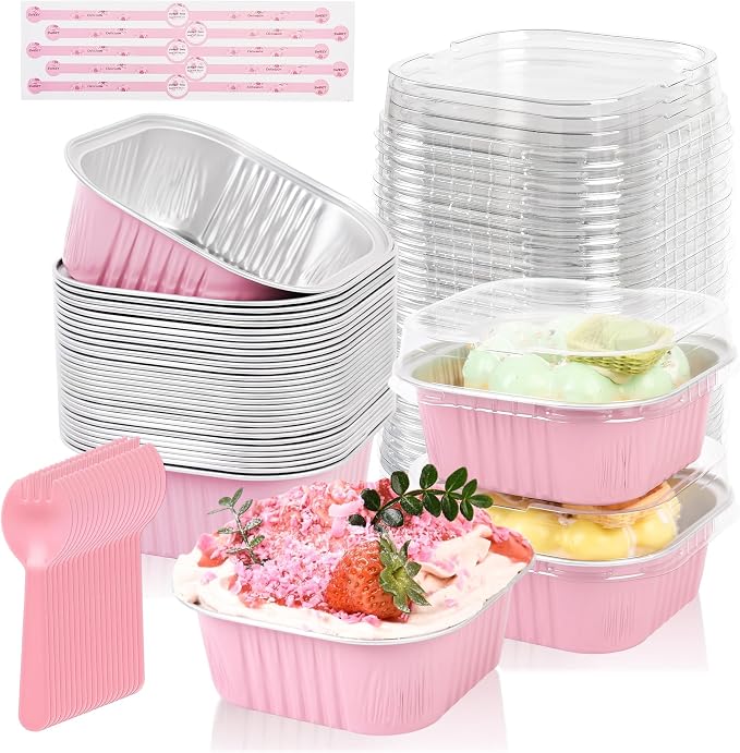 100 Pcs Mini Cake Pans with Lids, 10oz Square Aluminum Foil Brownie Baking Cups, Dessert Cupcake Cups with lids, Disposable Loaf Pans Cupcake for Wedding Birthday Party (Pink)