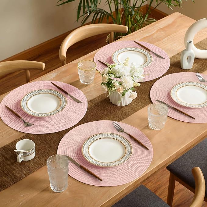 FunWheat Round Braided Placemats Set of 8 Place mats for Dining Tables Woven Heat Resistant Table Mats 15 inch (Pink,8pcs)