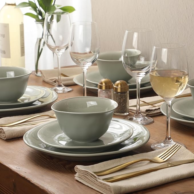 Gibson Elite Port Barton Plates and Bowls Sets, 12-Piece Stoneware Dinnerware Sets, Reactive Glaze Dish Set - Green