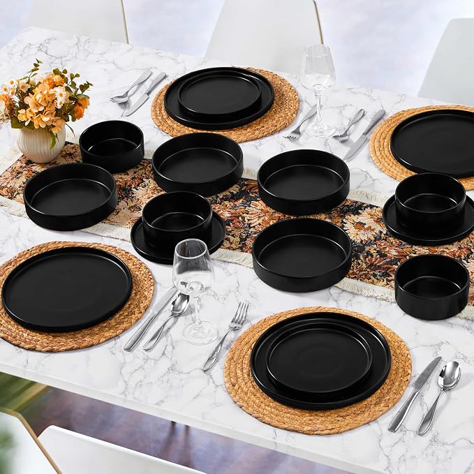 Herogo Dinnerware Sets with Pasta Bowls for 4, 16 Piece Dinner Salad Plates and Cereal Serving Bowls, Stoneware Dishes Dinner Ware for Home Kitchen, Chip & Scratch Resistant, Matte Black