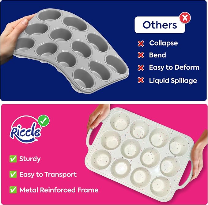 Silicone Muffin Pans for Baking with Metal Reinforced Frame, 12-Cup Cupcake Pan, 2 Pcs Muffin Trays for Cupcake Baking, Tray Molds, Oven & Dishwasher Safe, BPA-Free (2 x Standard)
