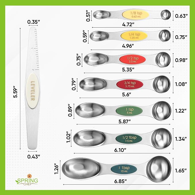Spring Chef Stainless Steel Magnetic Measuring Spoons Set of 8, Very Merry | Dual Sided Metal Teaspoon & Tablespoon Measuring Spoons with Leveler for Dry & Liquid Ingredients, Fits in Kitchen Spice Jars