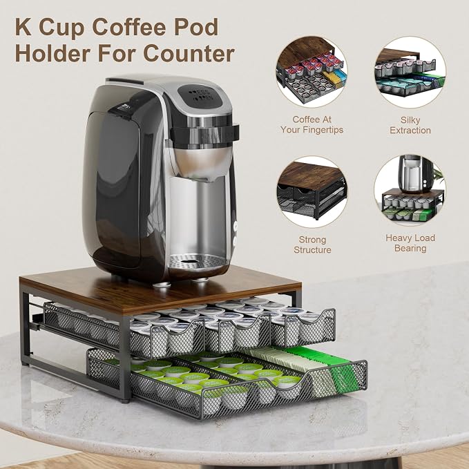 Coffee Pod Holder For Counter, 3 Pull-Out 72 K-Cup Holder Drawer, Wooden Cafe Pods Storage Organizer with Sliding Drawers for Coffee Station, Home, Kitchen, Office, Dorm (Antique Finish)
