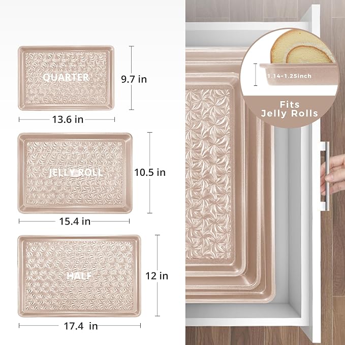 Nonstick Baking Sheet Pan Set of 3, Cookie Sheets for Oven, Non-Toxic Half/Quarter/Jelly Roll Pans with Floral Swirl Texture, Heavy Duty 0.8mm Thick Oven Trays for Cooking, Champagne Gold