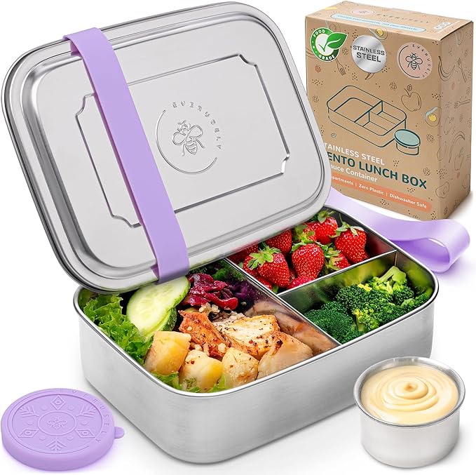 Stainless Steel Bento Box + Condiment Container - Lavender, 60oz / 1.8 L | Everusely extra large metal lunch box, leakproof sauce container, 3 compartment snack organizer, freezer & dishwasher safe