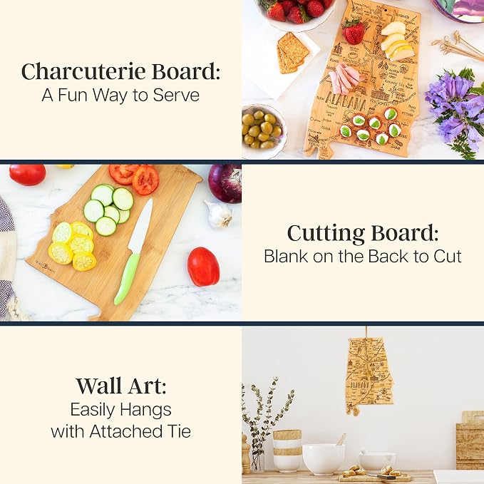 Totally Bamboo Destination Alabama State Shaped Cutting Board | State charcuterie serving board with engraved map artwork. Smooth reverse side for food prep. Hang tie for wall display.