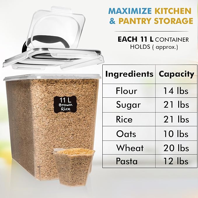 Shazo 2 PC (11L | 372 oz) Flour Sugar Storage Containers with Spout Lid & Easy Carry Handle - BPA Free Extra Large Airtight Food Storage Containers with Lids - Rice Canisters Sets for Kitchen & Pantry