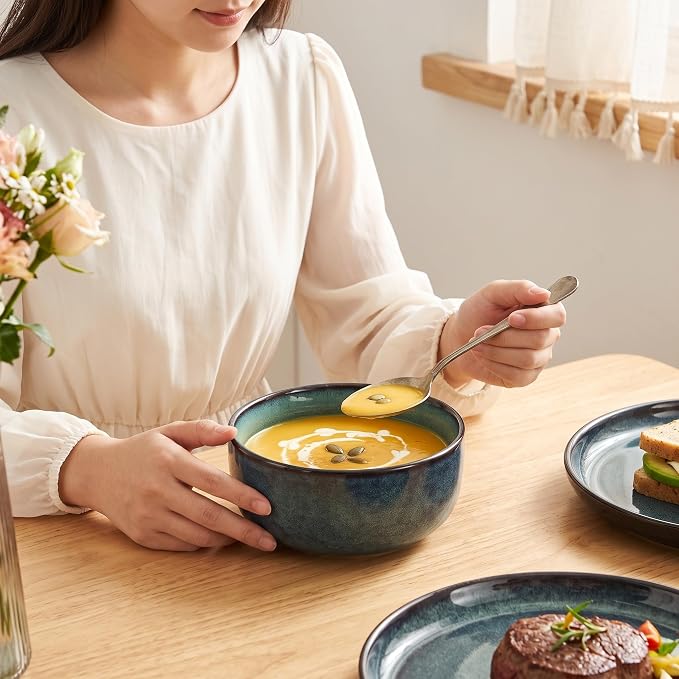 Ceramic Dinnerware (16 pcs) Serve 4 people, Plates and Bowls Sets,Handmade Reactive Glaze Dishes Set,Chip Resistant and Scratch Resistant,Dishwasher, Microwave Safe