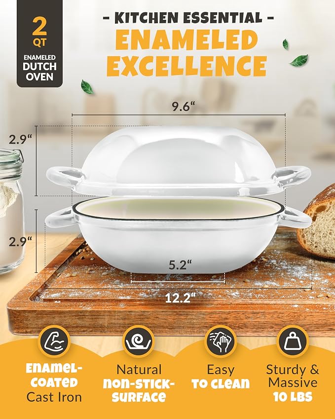 2 QT Oval Cast Iron Dutch Oven for Bread Baking with Lid & Kit | Dutch Oven for Sourdough Bread Baking, Enameled Cast Iron, Banneton, Bread Sling, Lame, Dough Whisk & Instruction Guide