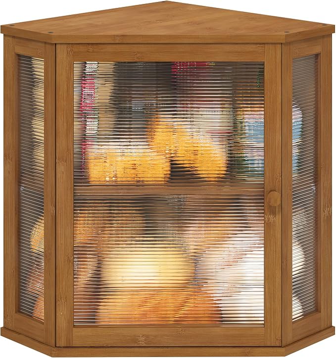viewcare Corner Bread Box for Kitchen Counter, Bamboo Wood Large Capacity Bread Storage Bin with Acrylic Wavy Door Panel (Brown, Extra Large)