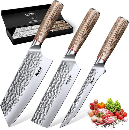 Huusk Kitchen Knife Set of 3 - Japanese Nakiri Vegetable Knife | Meat Cleaver Boning Knife for Meat Cutting, Hand Forged Butcher Chef Knives Set for Kitchen Cooking, Gift for Chef Men Women