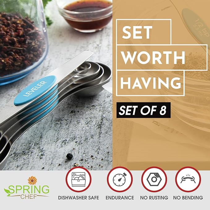 Spring Chef Stainless Steel 8 Magnetic Measuring Spoons for Kitchen, Teal | Dual Sided Metal Teaspoon & Tablespoon Measuring Spoons with Leveler for Dry & Liquid Ingredients, Stackable, Dishwasher Safe