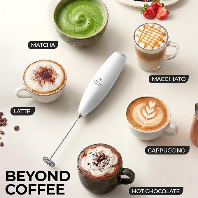 Zulay Powerful Milk Frother for Coffee with Upgraded Titanium Motor - Handheld Electric Whisk, Milk Foamer, Mini Mixer & Coffee Blender for Frappe, Latte, Matcha, No Stand - Elegant White