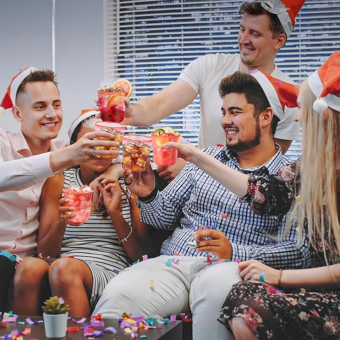 KesaPlan 100Pcs 12oz Red Plastic Party Cups, Disposable Wine Cocktail Cups | Cute Clear Stemless Glass, Round Bottom PET Cold Drink Cups for Christmas Valentine's Mother's Day Birthday Wedding Party