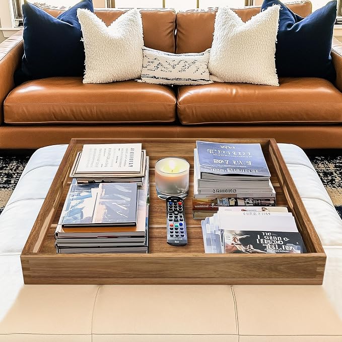 Extra Large Ottoman Tray, 22" Square Acacia Wood Tray with Handles | Farmhouse Wooden Decorative Trays, Oversized Coffee Table Tray, Serving Platter Tray for Living Room, Countertop, Charcuterie