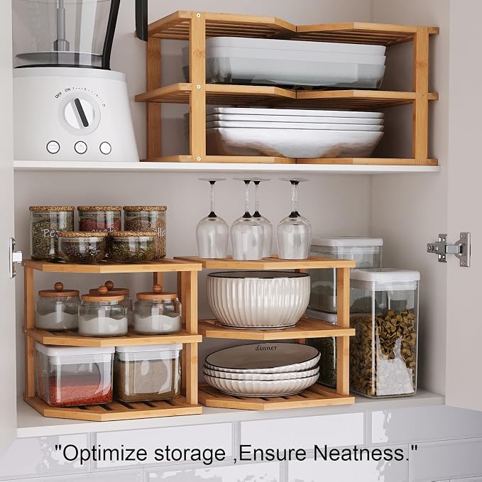 VERTORGAN 3 Tier Bamboo Dish Drying Rack,Corner Shelf 4 Pack(Natural) | Pantry Storage,Dish Rack,Spice Rack,Corner Organizer,Kitchen Counter Shelves,Kitchen Storage,Holds Plates