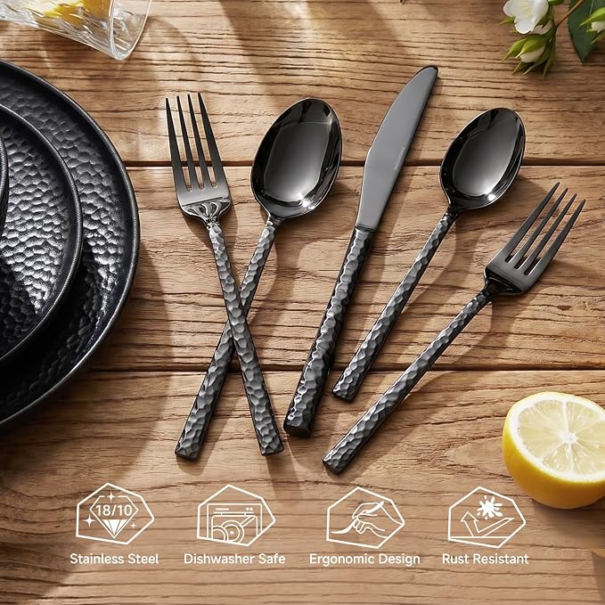60 Piece Black Silverware Set,18/10 Stainless Steel Hammered Flatware for 12