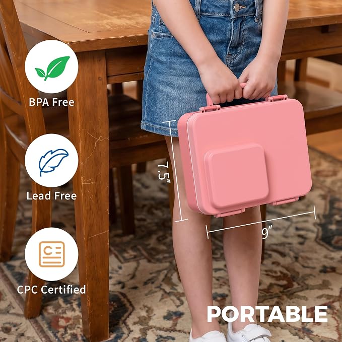HOMEKOL Bento Lunch Box for Kids with 9oz Insulated Food Jar, Pink | 5-Compartment Leak-Proof Lunch Container for Girls Boys, BPA/BPS-Free, Dishwasher Safe