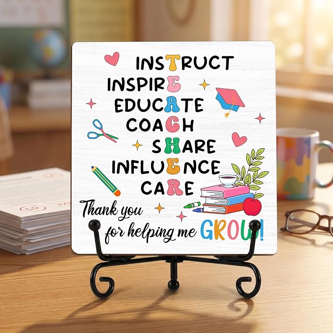 Teacher Appreciation Gifts for Women Men | 5" Wooden Plaque Sign with Stand for Mentor Teacher Gifts | Teachers Day Gift from Student Desk for Home Office Decor - A08