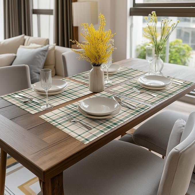 Artoid Mode Stripe Plaid Vinyl Placemats Set of 4, 12x18 Inch Washable Non-Slip Heat Resistant Plastic Place Mats for Party Dining Table, Olive Green