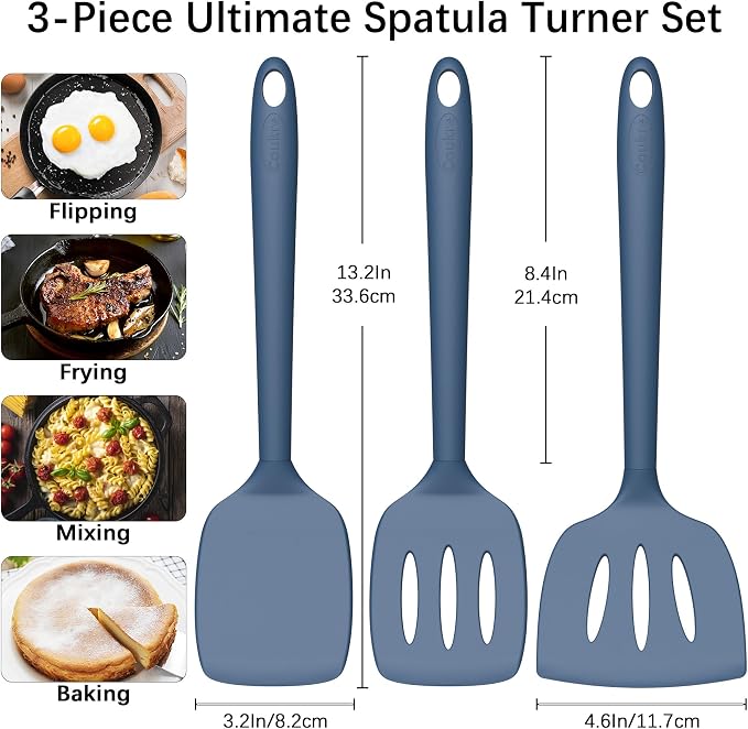 Coukre 3 Pack Silicone Spatula Set, Heat Resistant to 500°F, BPA-Free | Fish Spatula, Solid & Slotted Turners, Dishwasher Safe, Spatula Set for Eggs, Pancakes, Fish & Burgers, PureDarkBlue