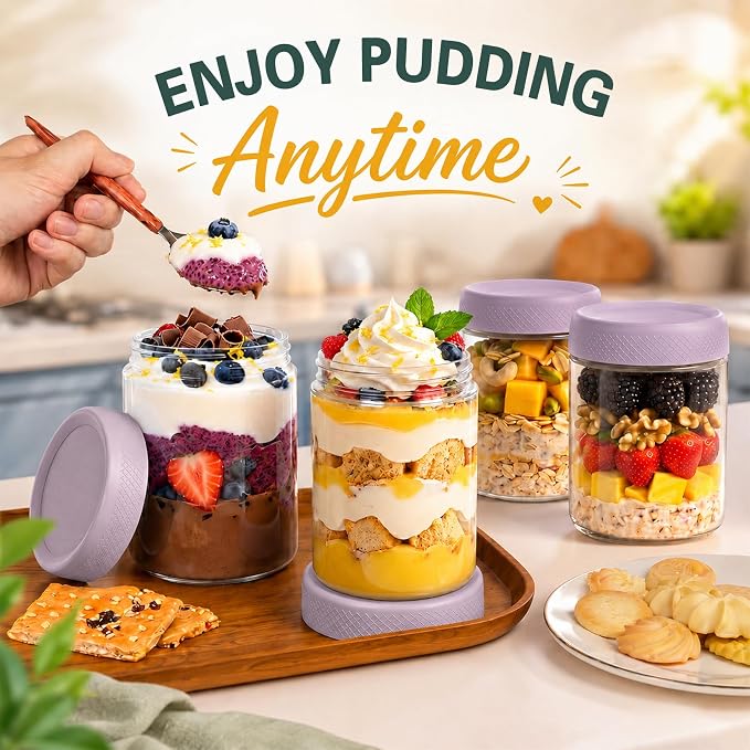 Overnight Oats Containers with Lids, 16oz Parfait Cups with Lids, Glass Jar | 6 Pack Glass Jars with Lids, Yogurt Containers with Lids for Kitchen, Mason Jars for Storage, Pudding, Snack, Sugar, Purple